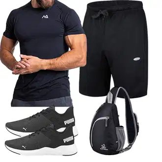 Moderne Outfit mit Schwarz/Dunkelgrau Bermuda/Mesh Short/Musselin Shorts/Baggy Short/Kurze Hose/Sweatshorts IMAKO "Sport Outfit"Look: Casual, Moderne, Edel, Dad, Rad, Sportlich, Skater, Rap, Streetwear, Workwear, Unisex