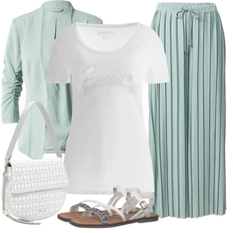 Outfit s Světle zelená/Tyrkysový/Zelená/Světle modrá Široká Kalhoty/Plážová Kalhoty/Culotte Kalhoty/Mušelínové kalhoty/Palazzo Kalhoty/Kalhoty se Štěrbinou/Plisovaná Kalhoty/Plisovaná kalhoty About You "Stylová letní nálada"