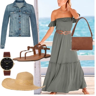 Dlouhé Outfit s Tmavě zelená/Světle zelená/Zelená Šaty Carmen/Společenské šaty pro hosta/Šaty S Odhalenými Rameny/Maxi Šaty/Dlouhé Letní Šaty Lascana "Stylová letní nálada"