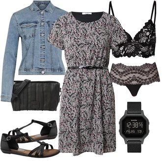 Ke kolenům Outfit s Šedá/Hnědá/Fialová Ležérní Šaty/Letní Šaty/Občanské šaty/Žerzejové Šaty/Šaty s Páskem/Šaty S Potiskem/Zavinovací Šaty About You "Stylová letní nálada"