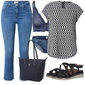 Outfit s Červená/Tmavě modrá/Černá Halenka se Stojatým Límcem/Halenka s Krátkým Rukávem/Halenka s Potiskem/Tunikové Tričko/Tunika s Krátkým Rukávem/Vzorovaná Halenka Only "Stylová letní nálada"