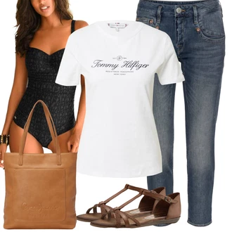 Outfit s Modrá/Růžová Capri Džíny/Slim Fit Džíny/Zkrácené Džíny/Navlékací džíny/Girlfriend Džíny/Kotníková Bota/Zužující se Džíny/Džíny s Nízkým Sedem/Dámské Džíny s Délkou 7/8/Boyfriend Džínové kalhoty Herrlicher "Letní Outfit"