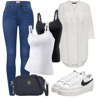 Outfit sa Plava/Srebro/Svjetlosiva/Bijela/Crvena Kožna Tenisica/Tenisica s platformom/Vintage Tenisica/Skate cipela/Niska Tenisica/Ljetna Tenisica Nike Sportswear "Upadljivi ljetni look"