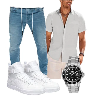 Leinen Outfit mit Grau/Hellgrau/Khaki Hemdbluse/BusinessHemd/Bügelfreies Hemd/Business Hemd/Casual Hemd/Kurzarm Hemd COOFANDY "Casual Look"
