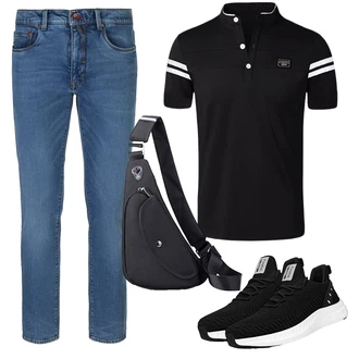 Retro Outfit mit Blau/Hellblau/Dunkelblau Lederjacke/Tapered-Jeans/Straight Leg Jean/Schlupfjeans/Leder Schuhe/Sportschuhe/Regular-Fit Jeans/Caprijeans/Girlfriend Jeans/Knöchelstiefel/Slim Fit Jeans/Damen 7/8-Länge Jeans/Cropped Jeans PIERRE CARDIN "Casual outfit"Look: Moderne, Coole, Classic, Schlichte, Premium, Retro, Smart Casual, Casual