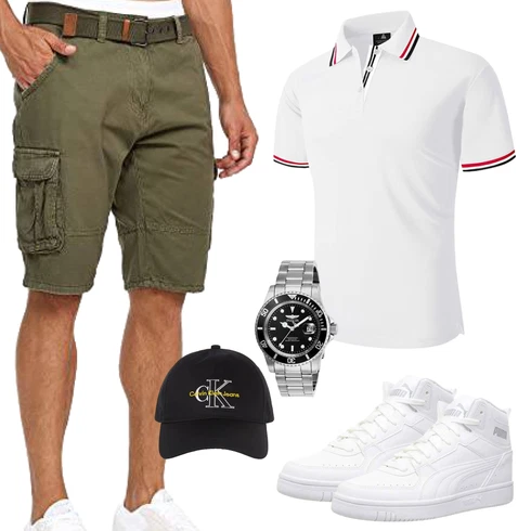 Old Money Dunkelgrün/Khaki Hemd Cargo Short Indicode kombinierenLook: Moderne, Safari, Nahtlos, 90er, Workwear, Skater, Old Money