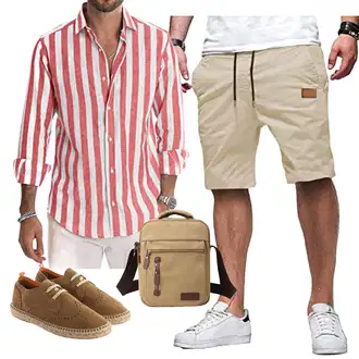 Old Money Outfit mit Beige/Khaki Chino Shorts/Bermuda/Cargo Short/Kurze Hose/Baggy Short/Musselin Shorts JMIERR "Casual outfit"Look: Old Money, Boyfriend, Sportlich, Outdoor, Skater, Hip Hop, Unisex, Smart Casual, Casual, Coole, Schön