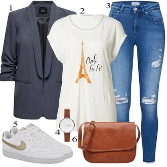 Retro Outfit s Zlatý/Krémová/Bílá/Modrá Teniska Skate Bota/Úzká Teniska/Ko?ené Tenisky/Nízká Teniska/Vintage Teniska Nike Sportswear "Stylová letní nálada"Look: Sportovní, Chytrý p?íle?itostný, Streetwear, Estetika, Unisex, Klasické, Retro