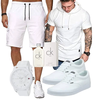 Outfit mit Creme/Dunkelblau/Khaki/Weiß Cargo-Jogginghose/Cargo Short/Bermuda/Kurze Hose/Musselin Shorts/Caprihose/Sport mittellange Hose/3/4 Hose/Cargohose/Pumphose/Strandhose Reslad "Cooles outfit"