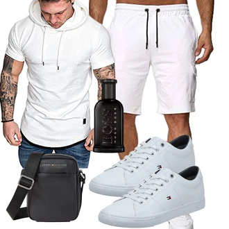 Outfit mit Creme/Dunkelblau/Khaki/Weiß Cargo-Jogginghose/Cargo Short/Bermuda/Kurze Hose/Musselin Shorts/Caprihose/Sport mittellange Hose/3/4 Hose/Cargohose/Pumphose/Strandhose Reslad "Cooles Outfit"