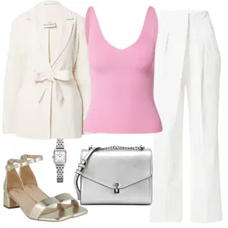 Oblečení se sukní Skating s Zlatý/Béžová/Stříbrný/Hnědá Sandál s podpatkem/Sandál Na Širokém Podpatku/Sandál Na Podpatku About You "Elegantní letní outfit"Look: Baletní, Skating, Na Procházku