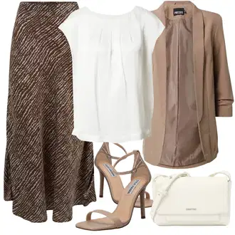 A-kroj Outfit sa Smeđa/Siva/Tamnosmeđa/Kaki Kratke hlače velike veličine/Haljina Veći Broj/Hlača Velika Veličina/Pletivo Veći Broj vila tall "Elegantni Ljetni Outfit"Look: A-kroj, Etno, Old Money, Jazz, Metalik, 20-ih godina