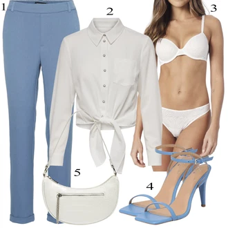 Outfit s Světle modrá/Šedá/Modrá 7/8 Kalhoty/Bengaline Kalhoty/Business Kalhoty/Pohodlná Kalhoty/Obleková Kalhoty/Mušelínové kalhoty/Kalhoty se Štěrbinou/Úzká Kalhoty/Navlékací Kalhoty/Rovná Kalhoty/Strečová Kalhoty VERO MODA "Outfit na léto"
