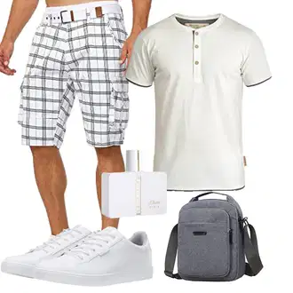 Outfit mit Grau/Weiß/Creme/Dunkelblau Cargo Short/Baggy Short/Bermuda/Kurze Hose/Musselin Shorts Indicode "Freizeit Outfit"