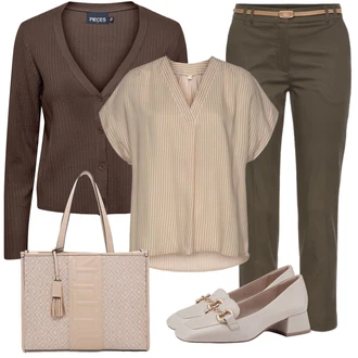 Outfit s Béžová/Hnědá/Khaki/Fialová Halenka s Krátkým Rukávem/Plisovaná Halenka/Oversize Halenka/Oversize Muselínová Blůza/Tunikové Tričko/Carmen Blůza/Halenkový Top VIVANCE "Hezký letní vzhled"