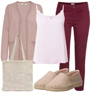 Šik Outfit s Červená/Tmavě červená/Růžová/Vínová Zkrácené Džíny/Capri Džíny/Dámské Džíny s Délkou 7/8/Kotníková Bota/Kožená bunda Lascana "Letní oblečení"Look: Šik, Cool, Krásný, Old Money, Venkovní, Chytrý příležitostný