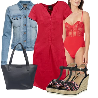 Outfit s Růžová/Tmavě červená Košilové šaty/Halenkové Šaty/Ležérní Šaty/Šaty s Kapsou/Bavlněné Šaty/Manšestrové Šaty/Pouzdrové Šaty Heine "Letní volnočasový outfit"