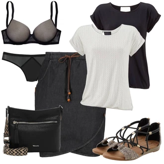 Outfit sa Bijela/Crna/Smeđa Majica kratkih rukava/Majica/Obični top/Majica s mrežicom/pletena košulja/Kratki top/Pleteni top/Top za plažu/Tunika za Plažu Lascana "Moderni ljetni outfit"