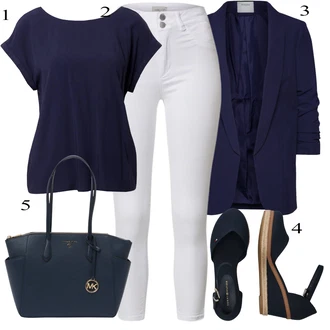 Elegantní Outfit s Tmavě modrá Jednobarevná Halenka/Klasická tunika/Halenkový Top/Halenka s Krátkým Rukávem/Tunikové Tričko/Slip-on Halenka/Tunika s Krátkým Rukávem/Elegantní Tunika/Kožená bunda pro muže S.Oliver "Stylová letní nálada"Look: Styl, Cool, Disko, Námořní, Mom, Kancelář, Nadrozměrné, Skromné, Elegantní