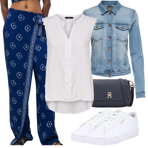 Kombinace Modrá/Tmavě modrá Kalhoty s Potiskem/Domácí Kalhoty/Tradiční Kalhoty/Široká Kalhoty Baggy Kalhoty/Pyžamová Kalhoty/Mušelínové kalhoty Pull&Bear kombinovat s Světle modrá/Modrá Bunda Krátké Džínové Bundičky/Vintage Bund/Džínové Bund Only