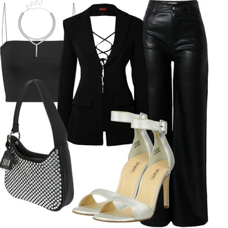 Outfit s Černá/Bílá/Oranžová Zvonová Kalhoty Kožené Zvonové Kalhoty/Kožená Kalhoty/Kalhoty z Umělé Kůže/Kalhoty se Štěrbinou misspap "Módní letní vzhled"