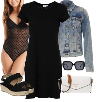 Outfity pro 18. narozeniny Host s Světle modrá/Modrá Krátké Džínové Bundičky/Džínové Bund LTB, Šedá/Černá/Tmavě šedá Síťovaný body karl lagerfeld, Černá/Béžová Espadrille pantofle/Espadrilka na Podpatku/Espadrille sandál/Espadrilka s klínovým podpatkem About You, Černá Sluneční Brýle About You "Módní letní vzhled"