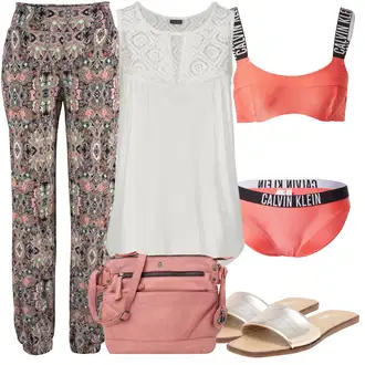 Outfit sa Pink/Ljubičasta/Šareno/Smeđa/Bež Štofaste hlača/Hlača s Uzorkom/Slip-on Hlača/Tradicionalna Hlača S.Oliver "Outfit za plažu"