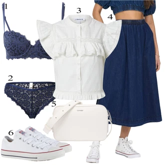 čipka Outfit sa Plava/Tamnoplava Push-Up Grudnjak/Bralette Grudnjak/Muške cipele u veličini 11/Mekani grudnjak/Grudnjak sa žicom/Grudnjak sa žicom/Balkonet Grudnjak/Čipkasti grundjac ESPRIT "Moderni ljetni outfit"