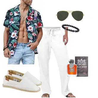 Gestreift Outfit mit Weiß/Creme BaumwollHose/Herren Lederjacke/RelaxHose/SchlafHose/StrandHose/Lounge-Hose/PlüschHose/LeinenHose/Leinen-short/Capri SOOUICKER "Outfit in sommerlichen Farben"