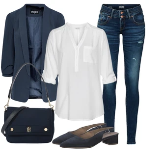 Elegantní Outfit s Bílá/Krémová Klasická tunika/Elegantní Tunika/Tunika ve tvaru A/Tunikové Tričko/Halenka S 3/4 Rukávem "Outfit na dovolenou"Look: Styl, Kancelář, Příliš oblečený, Preppy, Unisex, Univerzitní, Elegantní