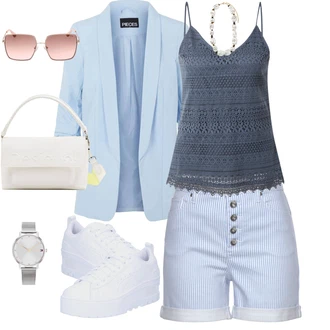 Zapínání na knoflíky Outfit s Světle modrá/Modrá Košile Vysoký pas Kraťasy/Šortky/Chino Kraťasy/Bermuda/Džínový Šortky/Mušelínové Šortky Lascana "Outfit na léto"