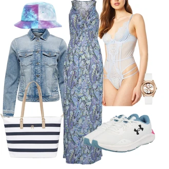 Bez rukávů Dlouhé Outfit s Lilové barvy/Modrá Dlouhé Letní Šaty/Maxi Šaty/Šaty S Potiskem/Společenské šaty pro hosta/Šaty Bez Ramínka Lascana "Outfit na léto"