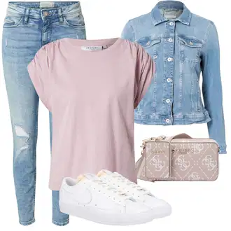 Outfity z džínu Rovná noha s Růžová/Fialová Tričko s krátkým rukávem/Košilový top/Mužské běžecké boty/Krátký top/Top Na Party/Jednoduchý top MSCH Copenhagen "Outfit na léto"