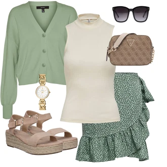Outfit s Hnědá/Béžová Sandál Dianette/Římská sandála/Sandál S T Páskem/Rybářská sandála/Sandál se suchým zipem About You "Outfit na léto"