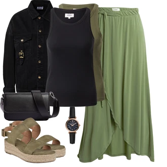 Outfity na Nový rok Sportovní s Tmavě zelená/Khaki Tílko s ořezem/Muskulární Tričko/Halenka Bez Rukávů/Tričko s grafikou/Top bez ramínek/Jednoduchý top Only, Tmavě zelená/Béžová/Khaki Letní Bota/Espadrille sandál/Espadrilka na Podpatku/Espadrilka s klínovým podpatkem About You "Outfit na léto"Look: Armáda, Disko, Military, Kancelář, Venkovní, Bezešvé, Techno, Extravagantní, Sportovní, Boho, Ležérní, Cool, Italský, Krásný, Safari