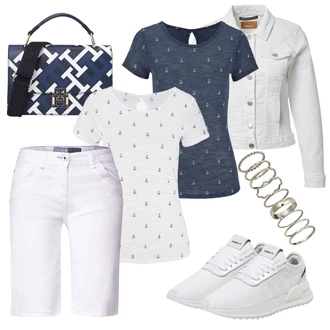 Outfit s Krémová/Tmavě modrá Fancy tričko/Pletené tričko/Polo Tričko/Tričko s potiskem/Košile s potiskem BEACH TIME "Outfit na léto"