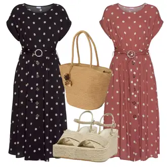 Outfit s Hnědá/Červená/Fialová Šaty s Páskem/Retro Šaty/Letní Šaty/Vintage šaty/Šaty s puntíky Lascana "Outfit na léto"