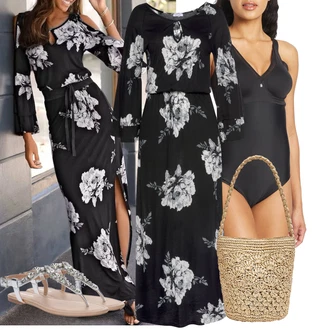 Elegantní Outfit s Černá/Červená/Růžová Maxi Šaty/Květinové Šaty/Šaty S Potiskem/Zavinovací Šaty/Šaty Niki/Občanské šaty/Společenské šaty pro hosta Lascana "Outfit na léto"Look: Old Money, Mom, Elegantní, Vintage, Příliš oblečený, Romantický, Boho, Premium, Slavnostní