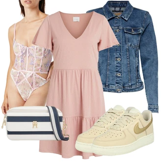 Boho Outfit s Růžová Ležérní Šaty/Šaty S Kosticí/Tričkové šaty/Šaty Fit & Flare/Žerzejové Šaty/Letní Šaty/Volánové šaty/Šaty Niki/Bavlněné Šaty/Šaty s Kapsou/Elegantní Šaty Vila "Outfit na léto"Look: Babydoll, Boho, Mom, Příliš oblečený, Nadrozměrné, Romantický, Elegantní