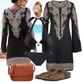 Folklor Outfit s Černá/Hnědá/Zelená/Fialová/Béžová Pouzdrové Šaty S Dlouhým Rukávem/Šaty s trumpetovým rukávem/Barokní Šaty/Tunikové šaty Lascana "Outfit na léto"