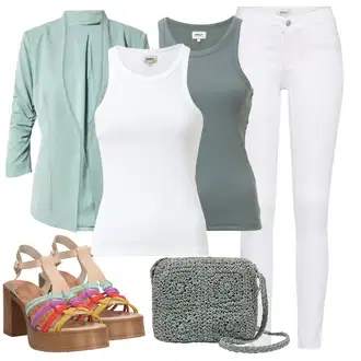 Moderní Outfit s Bílá/Hnědá/Černá Džín s Širokou Nohavicí/Dámské Džíny s Délkou 7/8/Zvonové Džíny/Zkrácené Džíny/Formální Košile/Džíny Culottes/Plisované Džíny Only "Outfit na léto"Look: Styl, Cool, Francouzské, Italský, Námořní, Moderní, Mom, Krásný, Španělské, Western, Old Money, 70tá léta