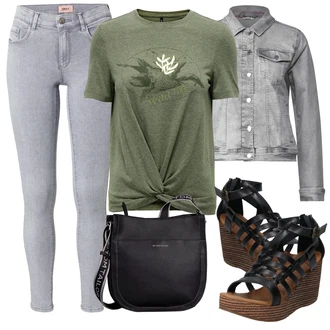 Outfity pro 18. narozeniny Host s Šedá/Světle šedá Košilová bunda/Džínové Bund/Krátké Džínové Bundičky/Letní Bund Street One, Šedá/Světle šedá Skinny Kalhoty/Push up Kalhoty/Džínové Legíny/Jeggings Only, Tmavě zelená Fancy tričko/Košile s potiskem/Tričko s krátkým rukávem/Tričko s potiskem/Zavinovací Tričko Only "Outfit na léto"