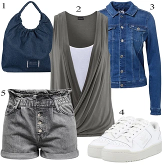 Outfit s Šedá/Světle šedá/Tmavě šedá Košile Vysoký pas Kraťasy/Šortky/Džínový Šortky/Papírové Šortky Only "Stylová letní nálada"
