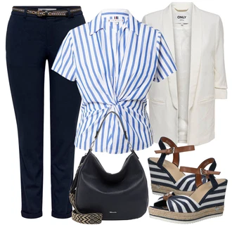 Outfity pro 18. narozeniny Host s Černá/Krémová/Bílá Dlouhý Sako/Boyfriend Sako/Oversize Sako/Elegantní Sako Only, Bílá/Béžová/Tmavě modrá/Červená Espadrilka s klínovým podpatkem/Sandál na klínku/Letní Bota/Bota Na Klínku Tom Tailor "Outfit na léto"