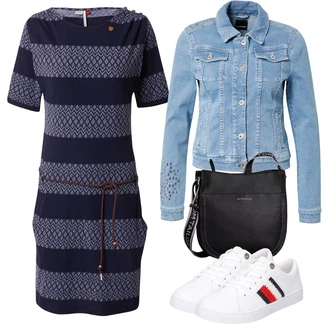 Jaro Outfit s Světle modrá/Modrá Džínové Bund/Letní Bund/Ažurová pletená bunda/Krátké Džínové Bundičky TAIFUN "Outfit na léto"