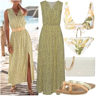 Outfit sa Žuta/Bež/Zeleno Bikini set Trokutasti Bikini/Omotati bikini/Kratki Gornji Dio Bikinija/Kožne jakne za muškarce/Vintage Bikiniji/Cut out bikini ROXY "Outfit za ljeto"