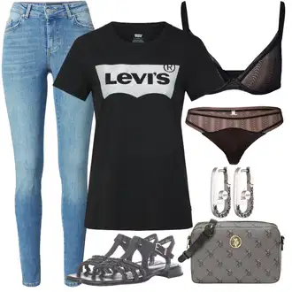 S Pertlanjem Outfit sa Plava/Tamnoplava/Pink/Smeđa pletena košulja/Majica kratkih rukava/Otmjena majica/Izreka na majici/Majica za plažu/Pulover za plažu/Print majica/Skraćena Majica/Majica za trudnice/Predimenzionirana majica/Top za plažu levi's ® "Outfit za ljeto"