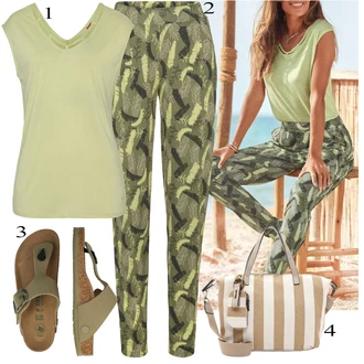 Outfit s Zelená/Tmavě zelená Maskáčová Kalhoty/Kalhoty s Peřím/Kalhoty s Potiskem S.Oliver "Módní letní vzhled"