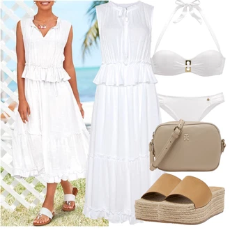 Elegantan Outfit sa Bijela/Krem Haljina Veći Broj Lascana "Outfit za odmor"Look: Elegantan, Transparentan, Preodjeven, Boho, Babydoll