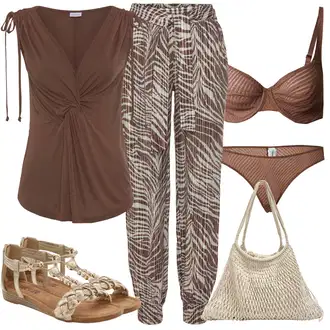 Outfit sa Smeđa/Ljubičasta/Bež Hlača s Perjem/Hlača s Uzorkom/Naborane hlače/Baggy Hlače/Štofaste hlača/Hlača za Plažu Lascana "Outfit za odmor"
